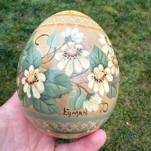 Lg. Hand Painted Signed Floral Egg White Green Yellow Beige Flowers Cottage Core